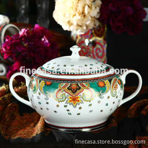 Luxury Fine Hyper White Porcelain 3.5L Ceramic Soup Tureen of Paisley